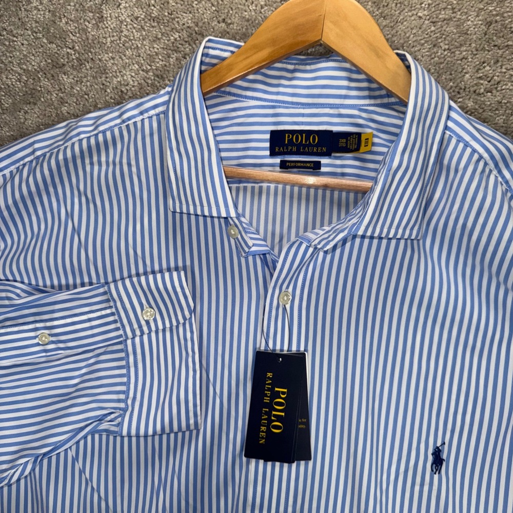 Polo Ralph Lauren Performance Shirt Men's 3XB Blue White Striped Button Down NWT